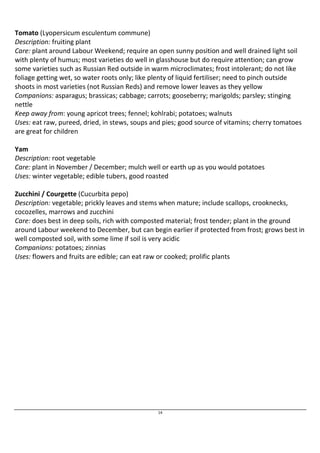 Tomato (Lyopersicum esculentum commune) 
Description: fruiting plant 
Care: plant around Labour Weekend; require an open sunny position and well drained light soil 
with plenty of humus; most varieties do well in glasshouse but do require attention; can grow 
some varieties such as Russian Red outside in warm microclimates; frost intolerant; do not like 
foliage getting wet, so water roots only; like plenty of liquid fertiliser; need to pinch outside 
shoots in most varieties (not Russian Reds) and remove lower leaves as they yellow 
Companions: asparagus; brassicas; cabbage; carrots; gooseberry; marigolds; parsley; stinging 
nettle 
Keep away from: young apricot trees; fennel; kohlrabi; potatoes; walnuts 
Uses: eat raw, pureed, dried, in stews, soups and pies; good source of vitamins; cherry tomatoes 
are great for children 
Yam 
Description: root vegetable 
Care: plant in November / December; mulch well or earth up as you would potatoes 
Uses: winter vegetable; edible tubers, good roasted 
Zucchini / Courgette (Cucurbita pepo) 
Description: vegetable; prickly leaves and stems when mature; include scallops, crooknecks, 
cocozelles, marrows and zucchini 
Care: does best in deep soils, rich with composted material; frost tender; plant in the ground 
around Labour weekend to December, but can begin earlier if protected from frost; grows best in 
well composted soil, with some lime if soil is very acidic 
Companions: potatoes; zinnias 
Uses: flowers and fruits are edible; can eat raw or cooked; prolific plants 
14 
 
