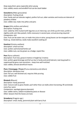 Keep away from: grass especially when young 
Uses: edible; excess and windfall fruit can be stock fodder 
Gooseberry (Ribes grossularia) 
Description: fruiting shrub 
Care: hardy and can tolerate neglect; prefers full sun; older varieties and invicta are tolerant of 
powdery mildew 
Uses: edible raw; make into jellies and jams 
Grapes (Vitis vinifera and others) 
Description: fruiting vine 
Care: aided by 15% mustard with legumes as an intercrop; can climb up elm trees; prefer a 
slightly acidic soil; likes potash; trellis necessary in second year; annual pruning required 
Companions: elm 
Uses: fruit can be eaten raw, or made into juice or wine; young leaves can be wrapped around 
food e.g.: Greek dolmas; seeds make excellent cooking oil 
Hazelnut (Corylus avellana) 
Description: small nut tree 
Care: prefers well drained fertile soil 
Uses: edible nuts; can be grown as a hedge; repels flies 
Pear (Pyrus cultivars) 
Description: fruit tree; grows 6 metres in height by 3 metres 
Care: prefers good drainage and full sun but is hardy and wind tolerant; root tip growth is 
suppressed by grass root excretions – keep tree well mulched 
Uses: edible; attracts beneficial insects 
Plum / Greengage / Prune (Prunus domestica and others) 
Description: deciduous tree 
Care: full sun; well drained soil; requires little pruning 
Uses: edible fruit 
Rhubarb (Rheum) 
Description: hardy perennial 
Care: manure well as gross feeder; pull rather than cut stalks when harvesting; lift and divide 
every four years 
Companions: aquilegia (granny bonnets) 
Uses: edible stems; seldom troubled by pests or disease 
Other: beware that the leaves are toxic 
Strawberry (Fragaria spp.) 
Description: small, hardy, perennial plant with berry fruit 
20 
 