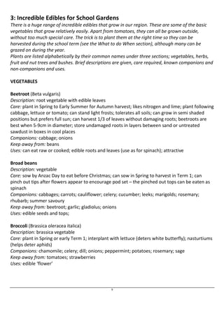 3: Incredible Edibles for School Gardens 
There is a huge range of incredible edibles that grow in our region. These are some of the basic 
vegetables that grow relatively easily. Apart from tomatoes, they can all be grown outside, 
without too much special care. The trick is to plant them at the right time so they can be 
harvested during the school term (see the What to do When section), although many can be 
grazed on during the year. 
Plants are listed alphabetically by their common names under three sections; vegetables, herbs, 
fruit and nut trees and bushes. Brief descriptions are given, care required, known companions and 
non-companions and uses. 
9 
VEGETABLES 
Beetroot (Beta vulgaris) 
Description: root vegetable with edible leaves 
Care: plant in Spring to Early Summer for Autumn harvest; likes nitrogen and lime; plant following 
cabbage, lettuce or tomato; can stand light frosts; tolerates all soils; can grow in semi shaded 
positions but prefers full sun; can harvest 1/3 of leaves without damaging roots; beetroots are 
best when 5-9cm in diameter; store undamaged roots in layers between sand or untreated 
sawdust in boxes in cool places 
Companions: cabbage; onions 
Keep away from: beans 
Uses: can eat raw or cooked; edible roots and leaves (use as for spinach); attractive 
Broad beans 
Description: vegetable 
Care: sow by Anzac Day to eat before Christmas; can sow in Spring to harvest in Term 1; can 
pinch out tips after flowers appear to encourage pod set – the pinched out tops can be eaten as 
spinach 
Companions: cabbages; carrots; cauliflower; celery; cucumber; leeks; marigolds; rosemary; 
rhubarb; summer savoury 
Keep away from: beetroot; garlic; gladiolus; onions 
Uses: edible seeds and tops; 
Broccoli (Brassica oleracea italica) 
Description: brassica vegetable 
Care: plant in Spring or early Term 1; interplant with lettuce (deters white butterfly); nasturtiums 
(helps deter aphids) 
Companions: chamomile; celery; dill; onions; peppermint; potatoes; rosemary; sage 
Keep away from: tomatoes; strawberries 
Uses: edible ‘flower’ 
 