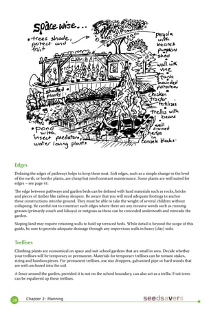 28 
Edges 
Defining the edges of pathways helps to keep them neat. Soft edges, such as a simple change in the level of the earth, or border plants, are cheap but need constant maintenance. Some plants are well suited for edges – see page 41. 
The edge between pathways and garden beds can be defined with hard materials such as rocks, bricks and pieces of timber like railway sleepers. Be aware that you will need adequate footings to anchor these constructions into the ground. They must be able to take the weight of several children without collapsing. Be careful not to construct such edges where there are any invasive weeds such as running grasses (primarily couch and kikuyu) or nutgrass as these can be concealed underneath and reinvade the garden. 
Sloping land may require retaining walls to hold up terraced beds. While detail is beyond the scope of this guide, be sure to provide adequate drainage through any impervious walls in heavy (clay) soils. 
Trellises 
Climbing plants are economical on space and suit school gardens that are small in area. Decide whether your trellises will be temporary or permanent. Materials for temporary trellises can be tomato stakes, string and bamboo pieces. For permanent trellises, use star droppers, galvanised pipe or hard woods that are well-anchored into the soil. 
A fence around the garden, provided it is not on the school boundary, can also act as a trellis. Fruit trees can be espaliered up these trellises. 
Chapter 2: Planning  