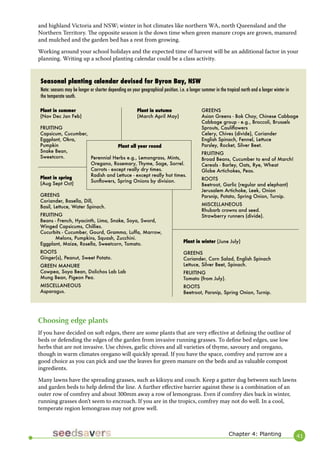 41 
and highland Victoria and NSW; winter in hot climates like northern WA, north Queensland and the Northern Territory. The opposite season is the down time when green manure crops are grown, manured and mulched and the garden bed has a rest from growing. 
Working around your school holidays and the expected time of harvest will be an additional factor in your planning. Writing up a school planting calendar could be a class activity. 
Choosing edge plants 
If you have decided on soft edges, there are some plants that are very effective at defining the outline of beds or defending the edges of the garden from invasive running grasses. To define bed edges, use low herbs that are not invasive. Use chives, garlic chives and all varieties of thyme, savoury and oregano, though in warm climates oregano will quickly spread. If you have the space, comfrey and yarrow are a good choice as you can pick and use the leaves for green manure on the beds and as valuable compost ingredients. 
Many lawns have the spreading grasses, such as kikuyu and couch. Keep a gutter dug between such lawns and garden beds to help defend the line. A further effective barrier against these is a combination of an outer row of comfrey and about 300mm away a row of lemongrass. Even if comfrey dies back in winter, running grasses don’t seem to encroach. If you are in the tropics, comfrey may not do well. In a cool, temperate region lemongrass may not grow well. 
Chapter 4: Planting 
Plant in summer 
(Nov Dec Jan Feb) 
FRUITING 
Capsicum, Cucumber, 
Eggplant, Okra, 
Pumpkin 
Snake Bean, 
Sweetcorn. 
Plant all year round 
Perennial Herbs e.g., Lemongrass, Mints, Oregano, Rosemary, Thyme, Sage, Sorrel. 
Carrots - except really dry times. 
Radish and Lettuce - except really hot times. 
Sunflowers, Spring Onions by division. 
GREENS 
Asian Greens - Bok Choy, Chinese Cabbage 
Cabbage group - e.g., Broccoli, Brussels Sprouts, Cauliflowers 
Celery, Chives (divide), Coriander 
English Spinach, Fennel, Lettuce 
Parsley, Rocket, Silver Beet. 
FRUITING 
Broad Beans, Cucumber to end of March! 
Cereals - Barley, Oats, Rye, Wheat 
Globe Artichokes, Peas. 
ROOTS 
Beetroot, Garlic (regular and elephant) 
Jerusalem Artichoke, Leek, Onion 
Parsnip, Potato, Spring Onion, Turnip. 
MISCELLANEOUS 
Rhubarb crowns and seed. 
Strawberry runners (divide). 
Plant in winter (June July) 
GREENS 
Coriander, Corn Salad, English Spinach 
Lettuce, Silver Beet, Spinach. 
FRUITING 
Tomato (from July). 
ROOTS 
Beetroot, Parsnip, Spring Onion, Turnip. 
Plant in spring 
(Aug Sept Oct) 
GREENS 
Coriander, Basella, Dill, 
Basil, Lettuce, Water Spinach. 
FRUITING 
Beans - French, Hyacinth, Lima, Snake, Soya, Sword, Winged Capsicums, Chillies. 
Cucurbits - Cucumber, Gourd, Gramma, Luffa, Marrow, Melons, Pumpkins, Squash, Zucchini. 
Eggplant, Maize, Rosella, Sweetcorn, Tomato. 
ROOTS 
Ginger(s), Peanut, Sweet Potato. 
GREEN MANURE 
Cowpea, Soya Bean, Dolichos Lab Lab 
Mung Bean, Pigeon Pea. 
MISCELLANEOUS 
Asparagus. 
Seasonal planting calendar devised for Byron Bay, NSW 
Note: seasons may be longer or shorter depending on your geographical position. i.e. a longer summer in the tropical north and a longer winter in the temperate south. 
Plant in autumn 
(March April May)  