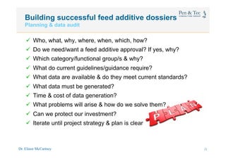 Dr. Elinor McCartney 21
Building successful feed additive dossiers
Planning & data audit
ü  Who, what, why, where, when, which, how?
ü  Do we need/want a feed additive approval? If yes, why?
ü  Which category/functional group/s & why?
ü  What do current guidelines/guidance require?
ü  What data are available & do they meet current standards?
ü  What data must be generated?
ü  Time & cost of data generation?
ü  What problems will arise & how do we solve them?
ü  Can we protect our investment?
ü  Iterate until project strategy & plan is clear
18
 