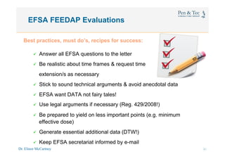 Dr. Elinor McCartney 37
EFSA FEEDAP Evaluations
Best practices, must do’s, recipes for success:
ü  Answer all EFSA questions to the letter
ü  Be realistic about time frames & request time
extension/s as necessary
ü  Stick to sound technical arguments & avoid anecdotal data
ü  EFSA want DATA not fairy tales!
ü  Use legal arguments if necessary (Reg. 429/2008!)
ü  Be prepared to yield on less important points (e.g. minimum
effective dose)
ü  Generate essential additional data (DTW!)
ü  Keep EFSA secretariat informed by e-mail
34
 