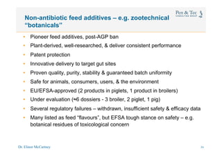 Dr. Elinor McCartney 39
Non-antibiotic feed additives – e.g. zootechnical
“botanicals”
•  Pioneer feed additives, post-AGP ban
•  Plant-derived, well-researched, & deliver consistent performance
•  Patent protection
•  Innovative delivery to target gut sites
•  Proven quality, purity, stability & guaranteed batch uniformity
•  Safe for animals, consumers, users, & the environment
•  EU/EFSA-approved (2 products in piglets, 1 product in broilers)
•  Under evaluation (≈6 dossiers - 3 broiler, 2 piglet, 1 pig)
•  Several regulatory failures – withdrawn, insufficient safety & efficacy data
•  Many listed as feed “flavours”, but EFSA tough stance on safety – e.g.
botanical residues of toxicological concern
14
 