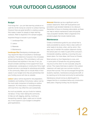 YOUR OUTDOOR CLASSROOM 
Budget 
First things first - you can take learning outside at no 
cost! Do not let money be a barrier to outdoor learning. 
However there are great benefits to creating a space 
that makes it easier for people to begin learning 
outdoors. Refer to Appendix D for sample budgets. 
Important things to include in your budget: 
1. Landscape Plan 
2. Labour 
3. Materials 
4. Maintenance 
Landscape Plan Developing a landscape plan 
may require the help of consultants or landscape 
architects. First determine if anyone in the immediate 
school community (e.g. PTA committee) or with your 
School Board has expertise in this area. If not, you 
should consider soliciting in-kind support from local 
professionals. Landscaping or construction firms might 
donate services in exchange for advertising and profile 
in the community. Make sure to include these in-kind 
values in your budget since they are partnerships that 
your funding source will view as valuable. 
Labour Labour will be required for site preparation, 
installation and building of structures. Labour can be 
the most costly component of building an outdoor 
classroom. As noted above, in-kind partnerships 
with local firms may offset this cost substantially. 
As much as possible, use your funds for material, 
not labour. It may mean rallying the community 
to help out with digging, planting, mulching or 
transporting material. Again, make sure to include 
any in-kind support in your budget to strengthen 
grant applications. 
Materials Materials can be a significant cost for 
outdoor classrooms. Work with local partners and 
providers to get donated materials or at a discount. 
Remember to focus on choosing native plants, as these 
can help to reduce maintenance costs and provide 
many ecosystem benefits. Refer to Appendix D for 
sample budgets that include material costs. 
Maintenance 
Create a maintenance guide for your school that is 
easily accessible by anyone. Have a clear outline of 
what needs to be done, when, and by whom. One 
easy way to maintain the outdoor classroom during 
the school year is to make it a part of the curriculum. 
Incorporate weeding, watering, or pruning into your 
lesson plans. For more ideas, visit Focus on Forests. 
Most schools run from September to June, and 
in some parts of Canada the only growing season 
may be at a time when no one is actually using the 
school. This means that trees or plants in the outdoor 
classroom will need care over summer months to 
ensure their survival. This can be arranged through the 
students, teachers, maintenance and grounds staff, or 
by reaching out to the local community for partnership. 
Maintenance should not be an afterthought! It is 
integral that this is considered before any construction 
takes place. Ongoing funding may be required. 
12 A guide for successful fundraising 
 