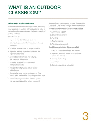 Benefits of outdoor learning 
Everyone benefits from learning outdoors, especially 
young people. In addition to the educational value of 
nature-based programming are the health benefits of 
getting outdoors. 
Benefits include: 
• Improved mood and happier students 
• Enhanced appreciation for the outdoors through 
interaction 
• Increased retention rate for subject material 
• Improved learning experience for tactile and 
experiential learners 
• Lowered school violence and bullying, 
and improved social skills 
• Increased understanding of complex 
ecological concepts 
• Incorporation of physical activity across 
subject areas 
• Opportunity to get out of the classroom if the 
school does not have the funds to go on field trips 
• Community engagement for outdoor spaces 
that are used beyond the school community 
As taken from “Planning First to Make Your Outdoor 
Classroom Last” by the Georgia Wildlife Federation: 
Top 5 Reasons Outdoor Classrooms Succeed 
1. Community support 
2. Student involvement 
3. Funding 
4. Teacher training 
5. Administrative support 
Top 5 Reasons Outdoor Classrooms Fail 
1. Lack of a maintenance plan and upkeep 
2. Teachers unsure or unable to incorporate 
usage into lessons 
3. Inadequate funding 
4. Vandalism 
5. School expansion or relocation 
A guide for successful fundraising 
3 
WHAT IS AN OUTDOOR 
CLASSROOM? 
 