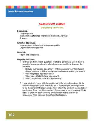 Lesson Recommendations 
102 
CLASSROOM LESSON 
Gardening Interviews 
Disciplines: 
Language Arts 
Mathematics/Statistics (Data Collection and Analysis) 
Science 
Potential Objectives: 
Improve observational and interviewing skills 
Organize and analyze data 
Materials: 
Paper and pencil/pen 
Proposed Activities: 
1. Instruct students to ask questions related to gardening. Direct them to 
pose the below questions to a family member, and to write down the 
answers. 
• Did you ever garden as a child? (If the answer is “no” the student 
should move on until the family member is one who has gardened.) 
• Who taught you how to garden? 
• What types of plants have you grown? 
• What can you teach me about gardening? 
2. Have students return with their collected data, share it, and put it into 
appropriate graphs (bar, line plots, etc.). For example, you might want 
to list the different types of people from whom the students learned about 
gardening. Then count the number of responses in each category. Make 
a bar or chart for each category proportionate to the number of 
responses. Then compare the different categories. 
 
