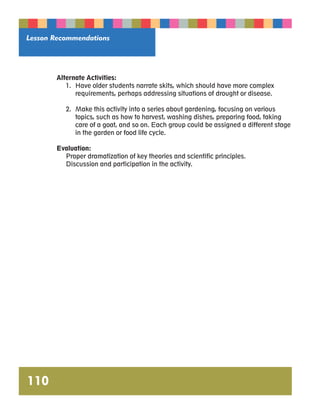Lesson Recommendations 
110 
Alternate Activities: 
1. Have older students narrate skits, which should have more complex 
requirements, perhaps addressing situations of drought or disease. 
2. Make this activity into a series about gardening, focusing on various 
topics, such as how to harvest, washing dishes, preparing food, taking 
care of a goat, and so on. Each group could be assigned a different stage 
in the garden or food life cycle. 
Evaluation: 
Proper dramatization of key theories and scientific principles. 
Discussion and participation in the activity. 
 