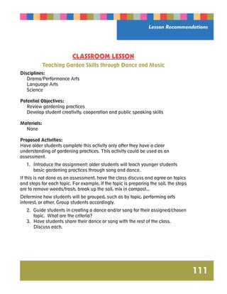 Lesson Recommendations 
111 
CLASSROOM LESSON 
Teaching Garden Skills through Dance and Music 
Disciplines: 
Drama/Performance Arts 
Language Arts 
Science 
Potential Objectives: 
Review gardening practices 
Develop student creativity, cooperation and public speaking skills 
Materials: 
None 
Proposed Activities: 
Have older students complete this activity only after they have a clear 
understanding of gardening practices. This activity could be used as an 
assessment. 
1. Introduce the assignment: older students will teach younger students 
basic gardening practices through song and dance. 
If this is not done as an assessment, have the class discuss and agree on topics 
and steps for each topic. For example, if the topic is preparing the soil, the steps 
are to remove weeds/trash, break up the soil, mix in compost... 
Determine how students will be grouped, such as by topic, performing arts 
interest, or other. Group students accordingly. 
2. Guide students in creating a dance and/or song for their assigned/chosen 
topic. What are the criteria? 
3. Have students share their dance or song with the rest of the class. 
Discuss each. 
 