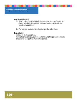 Lesson Recommendations 
120 
Alternate Activities: 
1. If the class is large, separate students into groups of about 20. 
Confer with the askers about the question to be posed to the 
“gardening masters.” 
2. For younger students, develop the questions for them. 
Evaluation: 
Asking in-depth questions. 
Correctly answering questions or challenging the gardening master 
Discussion and participation in the activity. 
 