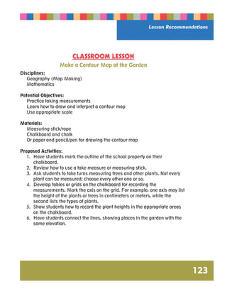 Lesson Recommendations 
123 
CLASSROOM LESSON 
Make a Contour Map of the Garden 
Disciplines: 
Geography (Map Making) 
Mathematics 
Potential Objectives: 
Practice taking measurements 
Learn how to draw and interpret a contour map 
Use appropriate scale 
Materials: 
Measuring stick/rope 
Chalkboard and chalk 
Or paper and pencil/pen for drawing the contour map 
Proposed Activities: 
1. Have students mark the outline of the school property on their 
chalkboard. 
2. Review how to use a take measure or measuring stick. 
3. Ask students to take turns measuring trees and other plants. Not every 
plant can be measured; choose every other one or so. 
4. Develop tables or grids on the chalkboard for recording the 
measurements. Mark the axis on the grid. For example, one axis may list 
the height of the plants or trees in centimeters or meters, while the 
second lists the types of plants. 
5. Show students how to record the plant heights in the appropriate areas 
on the chalkboard. 
6. Have students connect the lines, showing places in the garden with the 
same elevation. 
 