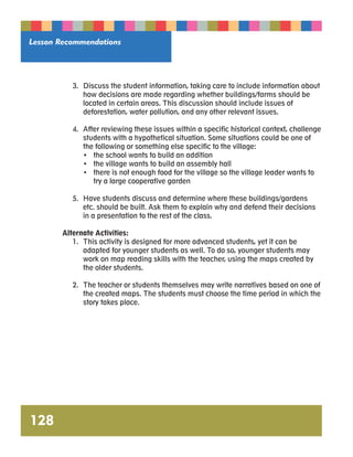 Lesson Recommendations 
128 
3. Discuss the student information, taking care to include information about 
how decisions are made regarding whether buildings/farms should be 
located in certain areas. This discussion should include issues of 
deforestation, water pollution, and any other relevant issues. 
4. After reviewing these issues within a specific historical context, challenge 
students with a hypothetical situation. Some situations could be one of 
the following or something else specific to the village: 
• the school wants to build an addition 
• the village wants to build an assembly hall 
• there is not enough food for the village so the village leader wants to 
try a large cooperative garden 
5. Have students discuss and determine where these buildings/gardens 
etc. should be built. Ask them to explain why and defend their decisions 
in a presentation to the rest of the class. 
Alternate Activities: 
1. This activity is designed for more advanced students, yet it can be 
adapted for younger students as well. To do so, younger students may 
work on map reading skills with the teacher, using the maps created by 
the older students. 
2. The teacher or students themselves may write narratives based on one of 
the created maps. The students must choose the time period in which the 
story takes place. 
 