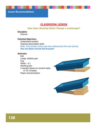 Lesson Recommendations 
138 
CLASSROOM LESSON 
How Does Running Water Change a Landscape? 
Discipline: 
Science 
Potential Objectives: 
Understand erosion 
Improve observation skills 
Note: This activity works well when followed by the next activity 
How Do Roots Prevent Soil Erosion? 
Materials: 
Soil 
Large, shallow pan 
Cup 
Water – 5 L 
Marking pen 
3 wooden blocks or cement slabs 
or 10–15 books 
Paper and pencil/pen 
 