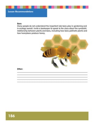 Lesson Recommendations 
Bees 
Many people do not understand the important role bees play in gardening and 
in ecology overall. Invite a beekeeper to speak to the class about the symbiotic 
relationship between plants and bees, including how bees pollinate plants and 
how honeybees produce honey. 
Other: 
__________________________________________________________________________ 
__________________________________________________________________________ 
__________________________________________________________________________ 
__________________________________________________________________________ 
__________________________________________________________________________ 
186 
 