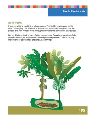Step 1: Choosing a Site 
195 
Keep trying! 
It takes a while to establish a school garden. The first three years can be the 
most challenging. Use this time to observe and understand the plants and the 
garden and how you can more thoroughly integrate the garden into your school. 
During this time, think of every failure as a success. Every time something fails 
we learn from it and improve our knowledge and experience. There is usually 
more than one solution to a challenge. Keep trying! 
 