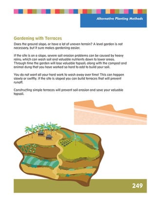 Alternative Planting Methods 
249 
Gardening with Terraces 
Does the ground slope, or have a lot of uneven terrain? A level garden is not 
necessary, but it sure makes gardening easier. 
If the site is on a slope, severe soil erosion problems can be caused by heavy 
rains, which can wash soil and valuable nutrients down to lower areas. 
Through time the garden will lose valuable topsoil, along with the compost and 
animal dung that you have worked so hard to add to build your soil. 
You do not want all your hard work to wash away over time! This can happen 
slowly or swiftly. If the site is sloped you can build terraces that will prevent 
runoff. 
Constructing simple terraces will prevent soil erosion and save your valuable 
topsoil. 
 
