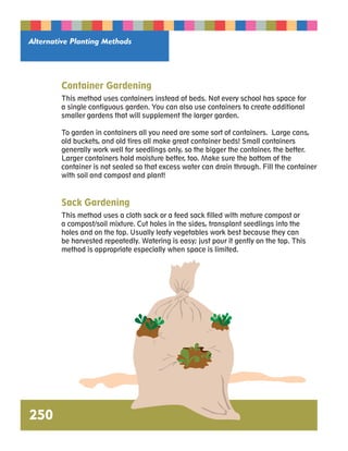 Alternative Planting Methods 
Container Gardening 
This method uses containers instead of beds. Not every school has space for 
a single contiguous garden. You can also use containers to create additional 
smaller gardens that will supplement the larger garden. 
To garden in containers all you need are some sort of containers. Large cans, 
old buckets, and old tires all make great container beds! Small containers 
generally work well for seedlings only, so the bigger the container, the better. 
Larger containers hold moisture better, too. Make sure the bottom of the 
container is not sealed so that excess water can drain through. Fill the container 
with soil and compost and plant! 
Sack Gardening 
This method uses a cloth sack or a feed sack filled with mature compost or 
a compost/soil mixture. Cut holes in the sides, transplant seedlings into the 
holes and on the top. Usually leafy vegetables work best because they can 
be harvested repeatedly. Watering is easy; just pour it gently on the top. This 
method is appropriate especially when space is limited. 
250 
 