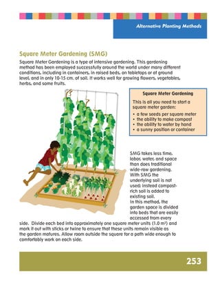 Alternative Planting Methods 
Square Meter Gardening (SMG) 
Square Meter Gardening is a type of intensive gardening. This gardening 
method has been employed successfully around the world under many different 
conditions, including in containers, in raised beds, on tabletops or at ground 
level, and in only 10-15 cm. of soil. It works well for growing flowers, vegetables, 
herbs, and some fruits. 
Square Meter Gardening 
This is all you need to start a 
square meter garden: 
• a few seeds per square meter 
• the ability to make compost 
• the ability to water by hand 
• a sunny position or container 
SMG takes less time, 
labor, water, and space 
than does traditional 
wide-row gardening. 
With SMG the 
underlying soil is not 
used; instead compost-rich 
soil is added to 
existing soil. 
In this method, the 
garden space is divided 
into beds that are easily 
accessed from every 
side. Divide each bed into approximately one square meter units (1.0 m²) and 
mark it out with sticks or twine to ensure that these units remain visible as 
the garden matures. Allow room outside the square for a path wide enough to 
comfortably work on each side. 
253 
 
