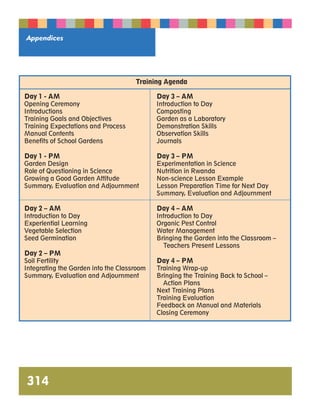 Training Agenda 
Day 1 - AM 
Opening Ceremony 
Introductions 
Training Goals and Objectives 
Training Expectations and Process 
Manual Contents 
Benefits of School Gardens 
Day 1 - PM 
Garden Design 
Role of Questioning in Science 
Growing a Good Garden Attitude 
Summary, Evaluation and Adjournment 
Day 2 – AM 
Introduction to Day 
Experiential Learning 
Vegetable Selection 
Seed Germination 
Day 2 – PM 
Soil Fertility 
Integrating the Garden into the Classroom 
Summary, Evaluation and Adjournment 
Day 3 – AM 
Introduction to Day 
Composting 
Garden as a Laboratory 
Demonstration Skills 
Observation Skills 
Journals 
Day 3 – PM 
Experimentation in Science 
Nutrition in Rwanda 
Non-science Lesson Example 
Lesson Preparation Time for Next Day 
Summary, Evaluation and Adjournment 
Day 4 – AM 
Introduction to Day 
Organic Pest Control 
Water Management 
Bringing the Garden into the Classroom – 
Teachers Present Lessons 
Day 4 – PM 
Training Wrap-up 
Bringing the Training Back to School – 
Action Plans 
Next Training Plans 
Training Evaluation 
Feedback on Manual and Materials 
Closing Ceremony 
Appendices 
314 
 