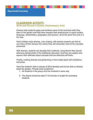 Experiential Learning 
46 
CLASSROOM ACTIVITY: 
Write and Present a Drama (Performance Arts) 
Dramas help students apply and reinforce some of the technical skills they 
learn in the garden and help them sharpen their proficiencies in social studies, 
language, mathematics, geography, and science—all at the same time and in a 
fun way. 
Most children enjoy dramas. Like singing, with dramas students are free to 
use many of their senses; this means they will remember more of the concepts 
presented. 
With dramas, students can develop their creativity, using talents they cannot 
otherwise demonstrate in the traditional classroom, and they can explore and 
express their attitudes about concepts that are otherwise off-limits. 
Finally, creating dramas and performing in them helps boost self-confidence 
and poise. 
Have the students work in groups of 20 to develop and act out skits or dramas 
about the garden. Provide some guidelines: 
1. All students in the group must be involved in some way. 
2. The drama should be about 7-10 minutes in length for secondary 
students. 
 