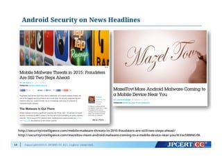 Copyright©2015 JPCERT/CC All rights reserved.
Android Security on News Headlines
10
http://securityintelligence.com/mobile-malware-threats-in-2015-fraudsters-are-still-two-steps-ahead/
http://securityintelligence.com/mazeltov-more-android-malware-coming-to-a-mobile-device-near-you/#.Vac5BBNCrfA
 