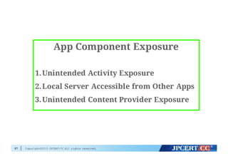 Copyright©2015 JPCERT/CC All rights reserved.27
App Component Exposure
1.Unintended Activity Exposure
2.Local Server Accessible from Other Apps
3.Unintended Content Provider Exposure
 