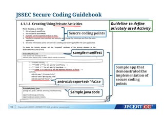 Copyright©2015 JPCERT/CC All rights reserved.
JSSEC Secure Coding Guidebook
34
4.1.1.1. Creating/UsingPrivate Activities Guideline to define
privately used Activity
sample manifest
Sample java code
Seucre coding points
android:exported="false
"
Sample app that
demonstratedthe
implementation of
secure coding
points
 