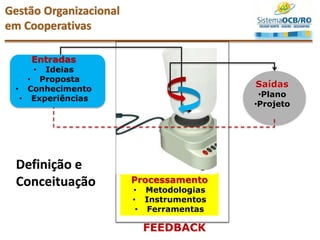 Processamento
• Metodologias
• Instrumentos
• Ferramentas
Saídas
•Plano
•Projeto
FEEDBACK
Entradas
• Ideias
• Proposta
• Conhecimento
• Experiências
Definição e
Conceituação
Gestão Organizacional
em Cooperativas
 