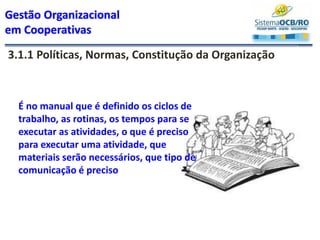 Gestão Organizacional
em Cooperativas
3.1.1 Políticas, Normas, Constitução da Organização
É no manual que é definido os ciclos de
trabalho, as rotinas, os tempos para se
executar as atividades, o que é preciso
para executar uma atividade, que
materiais serão necessários, que tipo de
comunicação é preciso
 