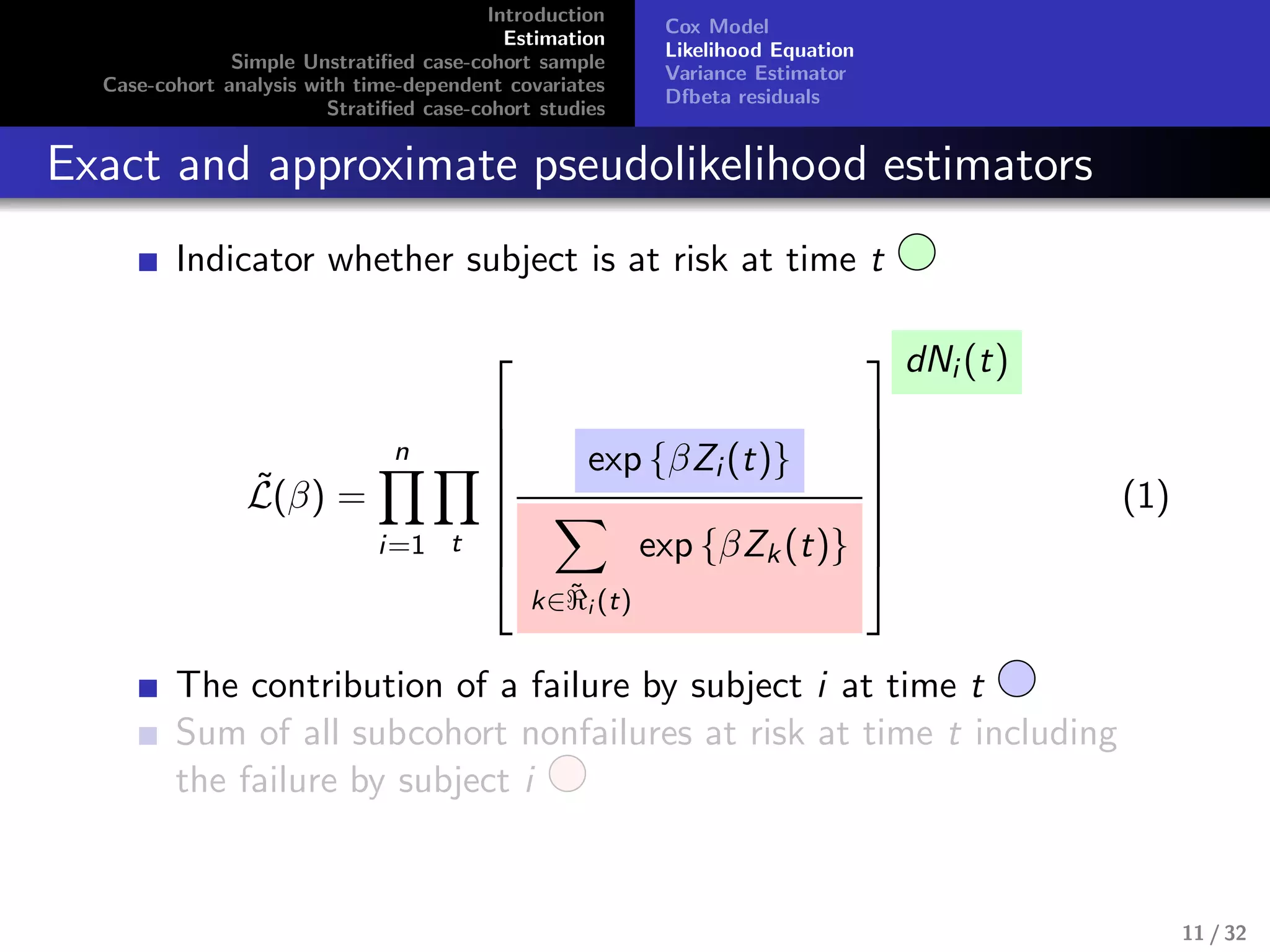 Introduction
Estimation
Simple Unstratiﬁed case-cohort sample
Case-cohort analysis with time-dependent covariates
Stratiﬁed case-cohort studies
Cox Model
Likelihood Equation
Variance Estimator
Dfbeta residuals
Exact and approximate pseudolikelihood estimators
Indicator whether subject is at risk at time t
˜L(β) =
n
i=1 t








exp {βZi (t)}
k∈˜ℜi (t)
exp {βZk(t)}








dNi (t)
(1)
The contribution of a failure by subject i at time t
Sum of all subcohort nonfailures at risk at time t including
the failure by subject i
11 / 32
 
