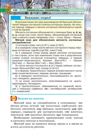 УЧЕБНИК XXI века. РУССКИЙ ЯЗЫК. 5 класс100
В русском языке нет двух разновидностей букв для обозна-
чения твёрдых согласных и мягких согласных звуков. На пись-
ме парные твёрдые и мягкие согласные обозначаются одной
и той же буквой.
Мягкость согласных обозначается с помощью букв: е, ё, ю,
я, и, когда они стоят после буквы, обозначающей согласный
звук, и мягкого знака. Например: стол — столь, банка — банька.
Мягкий знак для обозначения мягкости согласных
употребляется:
1) на конце слова: нить [н’èт’], семь [с’ýм’];
2) в середине слова после мягкого согласного перед твёр-
дым согласным: судьба [суд’бà], тьма [т’мà];
3) в середине слова между двумя мягкими согласными
в том случае, если при изменении слова или в родственных
словах второй согласный становится твёрдым, а первый
сохраняет свою мягкость: Кузьмич [Куз’м’èч’] — Кузьма
[Куз’мà], но: бантик [бàí’т’ик] — бант [бàнт];
4) после мягкого согласного л [л’] перед любыми соглас-
ными: бальный [бàл’ныj], сельдь [с’ýл’д’];
5) в формах творительного падежа множественного числа
имён существительных: людьми, детьми, лошадьми;
6) в середине числительных, оканчивающихся на -десят,
-сот: пятьдесят, девятьсот;
7) на конце числительных, оканчивающихся на -дцать:
одиннадцать, пятнадцать;
8) в прилагательных, образованных от названий меся-
цев с помощью суффикса -ск-: сентябрьский, октябрьский
(но: январский).
nb Возьми на заметку
Мягкий знак не употребляется в сочетаниях: -чк-
(бочка, речка, печка); -чн- (конечный, сердечный); -нч-
(венчик, нянчить); -нщ- (банщик, каменщик); -рщ- (фо-
нарщик, сварщик); -рч- (испорченный); -ст- (мостик,
хвостик); -нт- (винтик, бантик); -щн- (помощник).
Необходимо запомнить правописание слов: нянька
и нянчить; тоньше и тончайший.
Мягкий знак не пишется между двумя л и двумя н:
аллея, целлюлоза, ранний.
Внимание: теория!
 