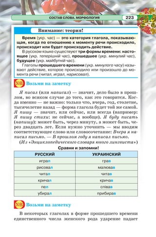 СОСТАВ СЛОВА. МОРФОЛОГИЯ 223
Время (укр. час) — это категория глагола, показываю-
щая, когда по отношению к моменту речи происходило,
происходит или будет происходить действие.
В русском языке существуют три формы времени: насто-
ящее (укр. теперішній час), прошедшее (укр. минулий час),
будущее (укр. майбутній час).
Глаголы прошедшего времени (укр. минулого часу) назы-
вают действие, которое происходило или произошло до мо-
мента речи (читал, играл, нарисовал).
nb Возьми на заметку
Я писал (или написал) — значит, дело было в прош-
лом, во всяком случае до того, как это говорится. Ког-
да именно — не важно: только что, вчера, год, столетие,
тысячелетие назад — форма глагола будет той же самой.
Я пишу — значит, или сейчас, или всегда (например:
Я пишу стихи: не сейчас, а вообще). Я буду писать
(напишу): может быть, через минуту, а может быть, че-
рез двадцать лет. Если нужно уточнить — мы вводим
соответствующее слово или словосочетание: Вчера я на-
писал письмо. — В прошлом году я написал письмо.
(Из «Энциклопедического словаря юного лингвиста»)
Сравни и запомни!
РУССКИЙ УКРАИНСКИЙ
играл грав
рисовал малював
читал читав
кричал кричав
пел співав
убирал прибирав
nb Возьми на заметку
В некоторых глаголах в форме прошедшего времени
единственного числа женского рода ударение падает
Внимание: теория!
 