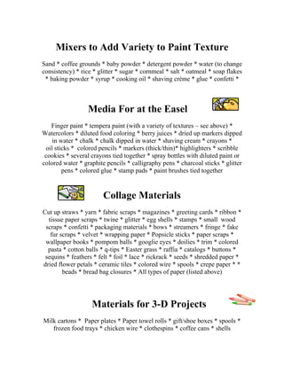 Mixers to Add Variety to Paint Texture 
Sand * coffee grounds * baby powder * detergent powder * water (to change consistency) * rice * glitter * sugar * cornmeal * salt * oatmeal * soap flakes * baking powder * syrup * cooking oil * shaving crème * glue * confetti * 
Media For at the Easel 
Finger paint * tempera paint (with a variety of textures – see above) * 
Watercolors * diluted food coloring * berry juices * dried up markers dipped in water * chalk * chalk dipped in water * shaving cream * crayons * 
oil sticks * colored pencils * markers (thick/thin)* highlighters * scribble cookies * several crayons tied together * spray bottles with diluted paint or colored water * graphite pencils * calligraphy pens * charcoal sticks * glitter pens * colored glue * stamp pads * paint brushes tied together 
Collage Materials 
Cut up straws * yarn * fabric scraps * magazines * greeting cards * ribbon * tissue paper scraps * twine * glitter * egg shells * stamps * small wood scraps * confetti * packaging materials * bows * streamers * fringe * fake fur scraps * velvet * wrapping paper * Popsicle sticks * paper scraps * wallpaper books * pompom balls * googlie eyes * doilies * trim * colored pasta * cotton balls * q-tips * Easter grass * raffia * catalogs * buttons * sequins * feathers * felt * foil * lace * rickrack * seeds * shredded paper * dried flower petals * ceramic tiles * colored wire * spools * crepe paper * * beads * bread bag closures * All types of paper (listed above) 
Materials for 3-D Projects 
Milk cartons * Paper plates * Paper towel rolls * gift/shoe boxes * spools * frozen food trays * chicken wire * clothespins * coffee cans * shells  