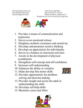 And experiment on his own, Color the sky light blue 
He could paint HIS colors Stay in the lines,” she said. 
And investigate all alone. “Maybe tomorrow, maybe never.” Thought the boy as he colored the sky light blue. 
1. Provides a means of communication and 
expression 
2. Serves as an emotional release 
3. Heightens aesthetic awareness and sensitivity 
4. Develops and promotes creative thinking 
5. Develops an appreciation for individuality 
6. Serves as a balance in classroom activities 
7. Assists in the development of physical 
coordination 
8. Strengthens self-concept and self confidence 
9. Increases self understanding 
10. Enhances the ability to visualize 
11. Helps develop fine motor skills 
12. Provides opportunities for problem- 
solving and decision making 
13. Provides insight and assists the adult in 
understanding the child 
14. Develops self-help skills 
15. Illustrates cause and effect  