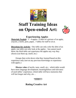 eas 
Staff Training Id 
on Open-ended Art: 
Experiencing Apples Materials Needed: 3 – 4 apples. A ditto of a picture of an apcrayons, a knife, pens, paper, 3 ta 
ple, 
bles for staff to sit at. 
Directions for Activity: One table can only color the ditto of anapple; one table can only look at the apples – but cannot touch em; the third table can experience the apples any way they 
l, etc.; which table would 
ave more language development; meaningfulness and relevance 
ve memories that 
th 
choose (cut them up, smell, etc.) Groups then write down what they learned based on this experience only (not on any previous knowledge or experience ith apples.) 
w 
Discuss value of tactilel, taste, sme 
h 
o f each tables’ experience; which table will ha 
will last longer and why; etc… 
Rating Creative Art  