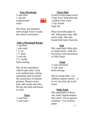 Easy Playdough 
2 cups flour 
1 cup salt 
tempera paint 
water 
Mix flour, salt and paint with enough water to make the correct consistency. Sally’s Playdough Recipe 
1 cup flour 
1 cup water 
1 T. oil 
1 T. alum 
½ cup salt 
2 T. vanilla 
food coloring 
Mix all dry ingredients. Add oil and water. Cook over medium heat, stirring constantly until it reaches the consistency of mashed potatoes. Remove from heat, add vanilla and color. Divide into balls and knead in color. Paste 
½ cup flour 
½ cup water Clean Mud 
4 rolls of toilet paper (torn) 
3 bars Ivory Soap (shaved) 
1 gallon warm water 
½ tsp. bleach 
large tub 
Place torn toilet paper in tub. Add grated soap. Add warm water. Mix and knead.Add water when dry. Gak 
Mix equal parts white glue to liquid starch. (Gak has the texture and consistency of Silly Putty) Goop 
½ cup cornstarch 
¼ cup water 
food coloring 
Mix in media table. Let children explore texture – it is wet, but feels dry to the touch. Puffy Paint 
Mix equal parts of flour, salt, water, liquid tempera (for color). Put in squeeze container. Use on heavy paper. 
ca00  