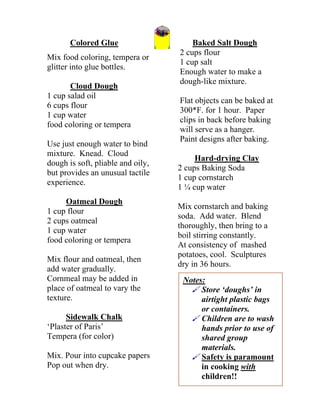 Colored Glue 
Mix food coloring, tempera or glitter into glue bottles. Cloud Dough 
1 cup salad oil 
6 cups flour 
1 cup water 
food coloring or tempera 
Use just enough water to bind mixture. Knead. Cloud dough is soft, pliable and oily, but provides an unusual tactile experience. Oatmeal Dough 
1 cup flour 
2 cups oatmeal 
1 cup water 
food coloring or tempera 
Mix flour and oatmeal, then add water gradually. Cornmeal may be added in place of oatmeal to vary the texture. Sidewalk Chalk 
‘Plaster of Paris’ 
Tempera (for color) 
Mix. Pour into cupcake papers 
Pop out when dry. Baked Salt Dough 
2 cups flour 
1 cup salt 
Enough water to make a 
dough-like mixture. 
Flat objects can be baked at 
300*F. for 1 hour. Paper 
clips in back before baking 
will serve as a hanger. 
Paint designs after baking. Hard-drying Clay 
2 cups Baking Soda 
1 cup cornstarch 
1 ¼ cup water 
Mix cornstarch and baking 
soda. Add water. Blend 
thoroughly, then bring to a 
boil stirring constantly. 
At consistency of mashed 
potatoes, cool. Sculptures 
dry in 36 hours. 
Notes: 
 Store ‘doughs’ in airtight plastic bags or containers. 
 Children are to wash hands prior to use of shared group materials. 
 Safety is paramount in cooking with children!!  