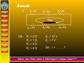 kirch 
19/10/14 
Jawab 
: 
R1= 2Ώ R2=1 Ώ 
E2 = 7 V 
Dik : R1 = 2 Ώ 
R2 = 1 Ώ 
R3 = 3 Ώ 
R4 = 4 Ώ 
E1= 12 V 
loop 
R3R = 3 Ώ 4 = 4 Ώ 
E1 = 12 V 
E2 = 7 V 
Dit : i = . . . . . ? 
Bahan Ajar Fisika Kelas X SMA Negeri 11 PPaallooppoo SSuullsseell * 
hd 
Sk 
ind 
pers 
cont 
jwb 
jwb 
lath 
 