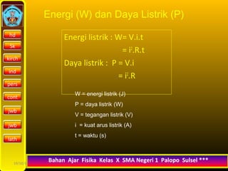 Energi (W) dan Daya Listrik (P) 
Energi listrik : W= V.i.t 
= i2.R.t 
Daya listrik : P = V.i 
= i2.R 
hd 
Sk 
kirch 
ind 
pers 
cont 
jwb 
jwb 
lath 
W = energi listrik (J) 
P = daya listrik (W) 
V = tegangan listrik (V) 
i = kuat arus listrik (A) 
t = waktu (s) 
19/10/14 Bahan Ajar Fisika Kelas X SMA Negeri 11 PPaallooppoo SSuullsseell * 
 