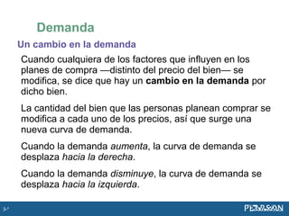 Un cambio en la demanda
Cuando cualquiera de los factores que influyen en los
planes de compra —distinto del precio del bien— se
modifica, se dice que hay un cambio en la demanda por
dicho bien.
La cantidad del bien que las personas planean comprar se
modifica a cada uno de los precios, así que surge una
nueva curva de demanda.
Cuando la demanda aumenta, la curva de demanda se
desplaza hacia la derecha.
Cuando la demanda disminuye, la curva de demanda se
desplaza hacia la izquierda.
Demanda
3-*
 