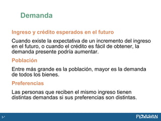 Ingreso y crédito esperados en el futuro
Cuando existe la expectativa de un incremento del ingreso
en el futuro, o cuando el crédito es fácil de obtener, la
demanda presente podría aumentar.
Población
Entre más grande es la población, mayor es la demanda
de todos los bienes.
Preferencias
Las personas que reciben el mismo ingreso tienen
distintas demandas si sus preferencias son distintas.
Demanda
3-*
 