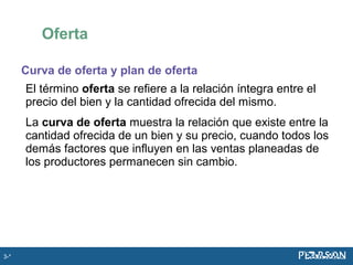 Curva de oferta y plan de oferta
El término oferta se refiere a la relación íntegra entre el
precio del bien y la cantidad ofrecida del mismo.
La curva de oferta muestra la relación que existe entre la
cantidad ofrecida de un bien y su precio, cuando todos los
demás factores que influyen en las ventas planeadas de
los productores permanecen sin cambio.
Oferta
3-*
 