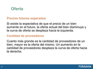 Precios futuros esperados
Si existe la expectativa de que el precio de un bien
aumente en el futuro, la oferta actual del bien disminuye y
la curva de oferta se desplaza hacia la izquierda.
Cantidad de proveedores
Cuanto más grande es la cantidad de proveedores de un
bien, mayor es la oferta del mismo. Un aumento en la
cantidad de proveedores desplaza la curva de oferta hacia
la derecha.
Oferta
3-*
 