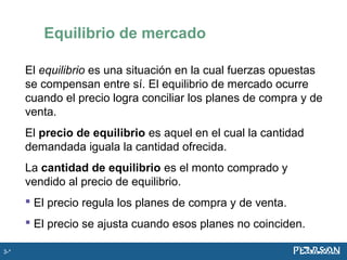 Equilibrio de mercado
El equilibrio es una situación en la cual fuerzas opuestas
se compensan entre sí. El equilibrio de mercado ocurre
cuando el precio logra conciliar los planes de compra y de
venta.
El precio de equilibrio es aquel en el cual la cantidad
demandada iguala la cantidad ofrecida.
La cantidad de equilibrio es el monto comprado y
vendido al precio de equilibrio.
 El precio regula los planes de compra y de venta.
 El precio se ajusta cuando esos planes no coinciden.
3-*
 
