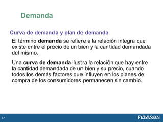 Curva de demanda y plan de demanda
El término demanda se refiere a la relación íntegra que
existe entre el precio de un bien y la cantidad demandada
del mismo.
Una curva de demanda ilustra la relación que hay entre
la cantidad demandada de un bien y su precio, cuando
todos los demás factores que influyen en los planes de
compra de los consumidores permanecen sin cambio.
Demanda
3-*
 
