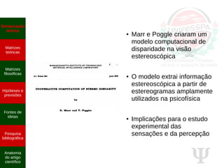 Ψ
● Marr e Poggle criaram um
modelo computacional de
disparidade na visão
estereoscópica
● O modelo extrai informação
estereoscópica a partir de
estereogramas amplamente
utilizados na psicofísica
● Implicações para o estudo
experimental das
sensações e da percepção
Demarcação
teórica
Matrizes
teóricas
Matrizes
filosóficas
Hipóteses e
previsões
Fontes de
ideias
Pesquisa
bibliográfica
Anatomia
do artigo
científico
 