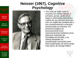Ψ
Neisser (1967), Cognitive
Psychology
● “Por volta de 1964, tudo se
encaixou em minha cabeça. A
princípio, pensei, poderíamos
seguir a informação para dentro
a partir de seu primeiro encontro
com um órgão dos sentidos até o
seu armazenamento e eventual
reconstrução na memória. Os
primeiros estágios do
processamento eram
necessariamente holísticos (uma
ideia que emprestei da
Psicologia da Gestalt), e os
últimos baseados na
recodificação recorrente (uma
ideia emprestada, de forma ainda
mais óbvia, de George Miller)”
Demarcação
teórica
Matrizes
teóricas
Matrizes
filosóficas
Hipóteses e
previsões
Fontes de
ideias
Pesquisa
bibliográfica
Anatomia
do artigo
científico
 