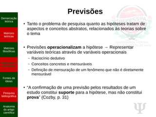 Ψ
Previsões
● Tanto o problema de pesquisa quanto as hipóteses tratam de
aspectos e conceitos abstratos, relacionados às teorias sobre
o tema
● Previsões operacionalizam a hipótese → Representar
variáveis teóricas através de variáveis operacionais
– Raciocínio dedutivo
– Conceitos concretos e mensuráveis
– Definição de mensuração de um fenômeno que não é diretamente
mensurável
● “A confirmação de uma previsão pelos resultados de um
estudo constitui suporte para a hipótese, mas não constitui
prova” (Cozby, p. 31)
Demarcação
teórica
Matrizes
teóricas
Matrizes
filosóficas
Hipóteses e
previsões
Fontes de
ideias
Pesquisa
bibliográfica
Anatomia
do artigo
científico
 
