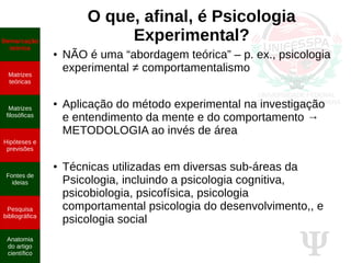 Ψ
O que, afinal, é Psicologia
Experimental?
● NÃO é uma “abordagem teórica” – p. ex., psicologia
experimental ≠ comportamentalismo
● Aplicação do método experimental na investigação
e entendimento da mente e do comportamento →
METODOLOGIA ao invés de área
● Técnicas utilizadas em diversas sub-áreas da
Psicologia, incluindo a psicologia cognitiva,
psicobiologia, psicofísica, psicologia
comportamental psicologia do desenvolvimento,, e
psicologia social
Demarcação
teórica
Matrizes
teóricas
Matrizes
filosóficas
Hipóteses e
previsões
Fontes de
ideias
Pesquisa
bibliográfica
Anatomia
do artigo
científico
 